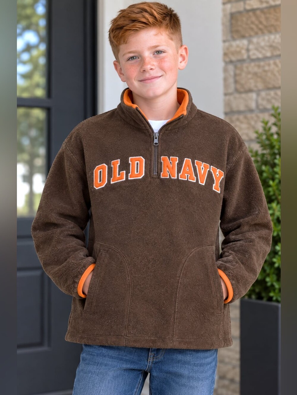Vintage Y2K Old Navy Fleece Quarter Zip Pullover Brown Orange Youth Medium